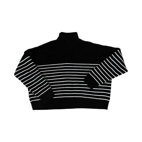 Vigoss Woman's 1/4 Zip Large Black Cropped Collared Ribbed Sweater White Stripes - Picture 3 of 3